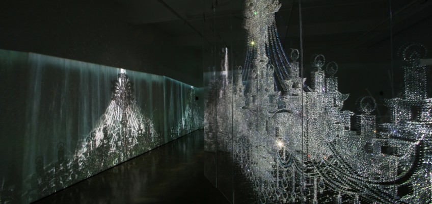 Garden of Water, 6 panel x 3 set, Beads, Crystal, Pins, Video on Plexi Glass, by Ran Hwang 2010