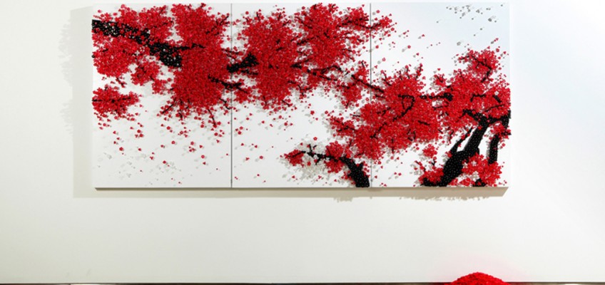 Two Love Tree, 3panel, buttons, beads, pins, by Ran Hwang 2009